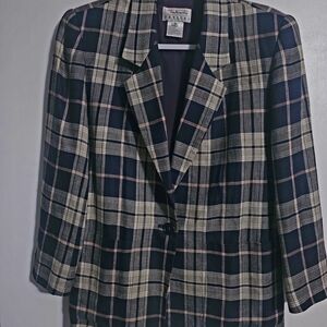 Vintage Talbots Tailored Plaid Blazer - Navy and Cream 80s 90s Era